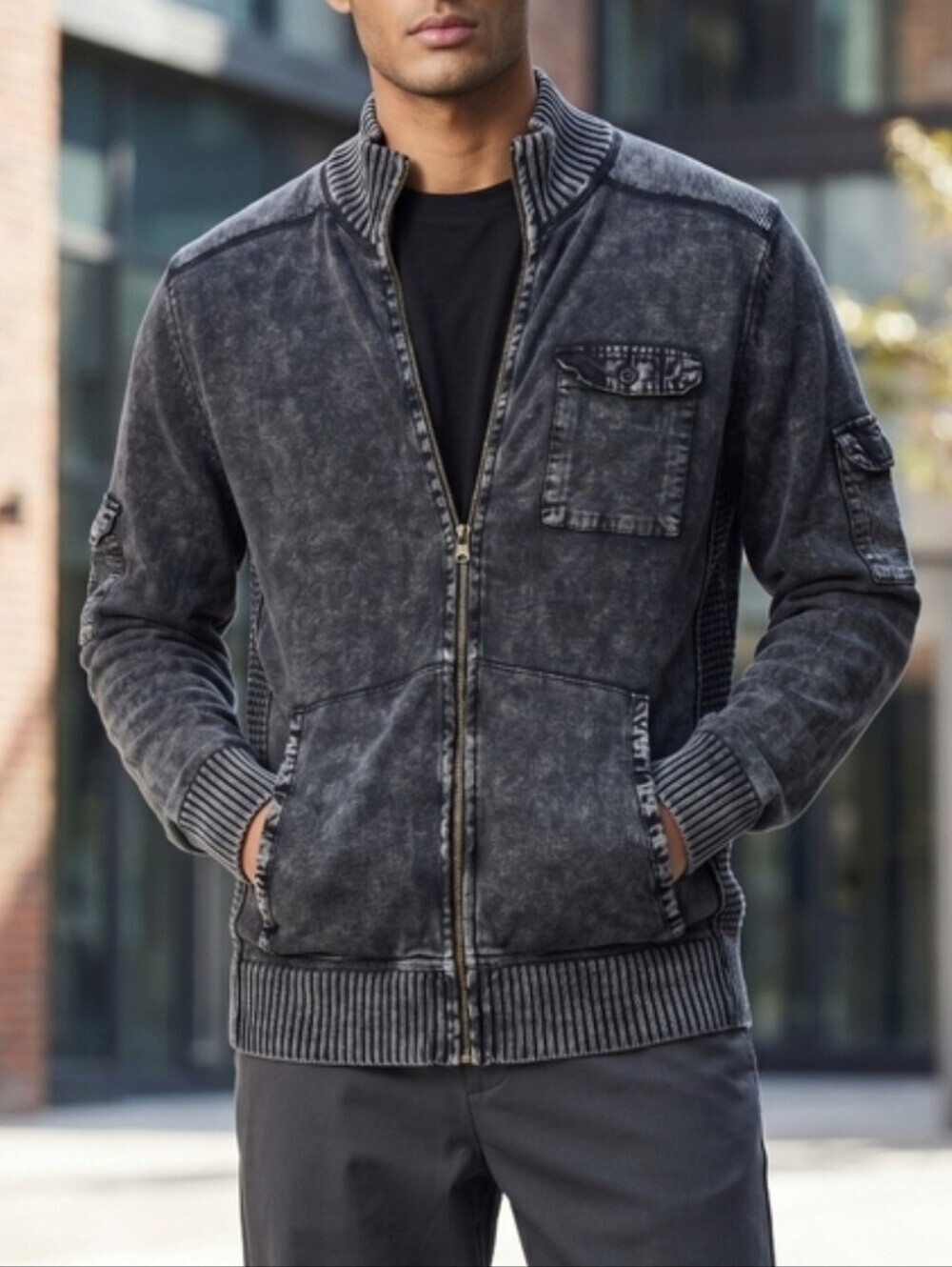 Alex Stevens Gray Cargo Zip Up Sweater with Pockets, M
